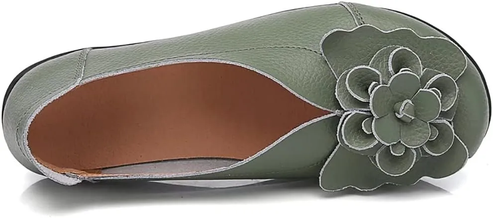 WERWAES Casual Leather Loafers Shoes for Womens Slim Lightweight Soft Sole Flat Moccasins Shoes with Flowers Cowhide Round Toe Slip on Womens Loafer Indoor Outdoor Walking Womens Shoes