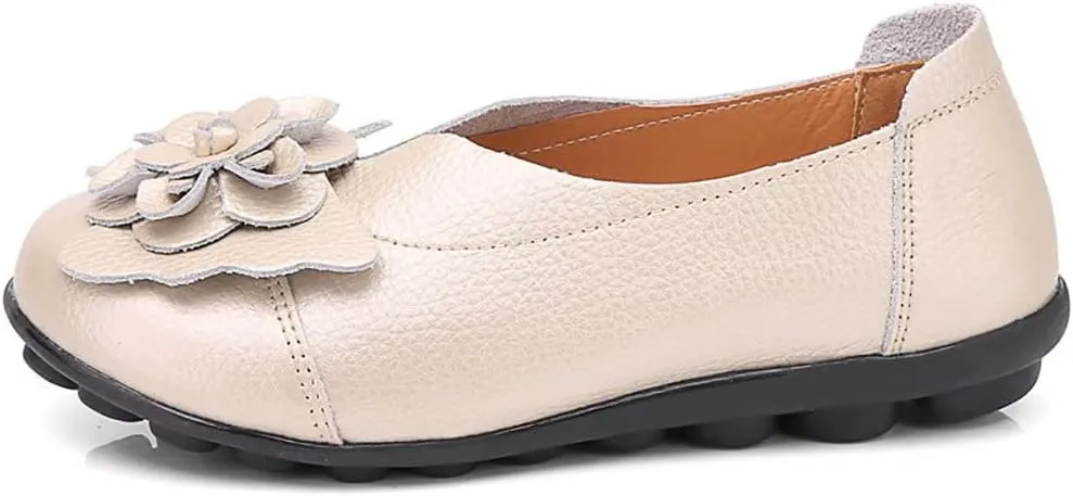 WERWAES Casual Leather Loafers Shoes for Womens Slim Lightweight Soft Sole Flat Moccasins Shoes with Flowers Cowhide Round Toe Slip on Womens Loafer Indoor Outdoor Walking Womens Shoes