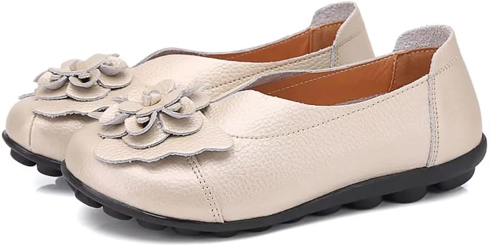 WERWAES Casual Leather Loafers Shoes for Womens Slim Lightweight Soft Sole Flat Moccasins Shoes with Flowers Cowhide Round Toe Slip on Womens Loafer Indoor Outdoor Walking Womens Shoes