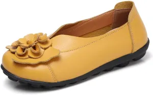 WERWAES Casual Leather Loafers Shoes for Womens Slim Lightweight Soft Sole Flat Moccasins Shoes with Flowers Cowhide Round Toe Slip on Womens Loafer Indoor Outdoor Walking Womens Shoes