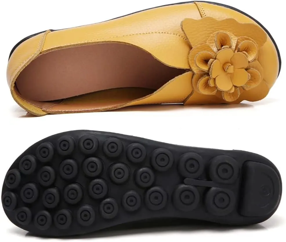 WERWAES Casual Leather Loafers Shoes for Womens Slim Lightweight Soft Sole Flat Moccasins Shoes with Flowers Cowhide Round Toe Slip on Womens Loafer Indoor Outdoor Walking Womens Shoes