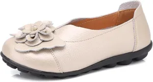 WERWAES Casual Leather Loafers Shoes for Womens Slim Lightweight Soft Sole Flat Moccasins Shoes with Flowers Cowhide Round Toe Slip on Womens Loafer Indoor Outdoor Walking Womens Shoes
