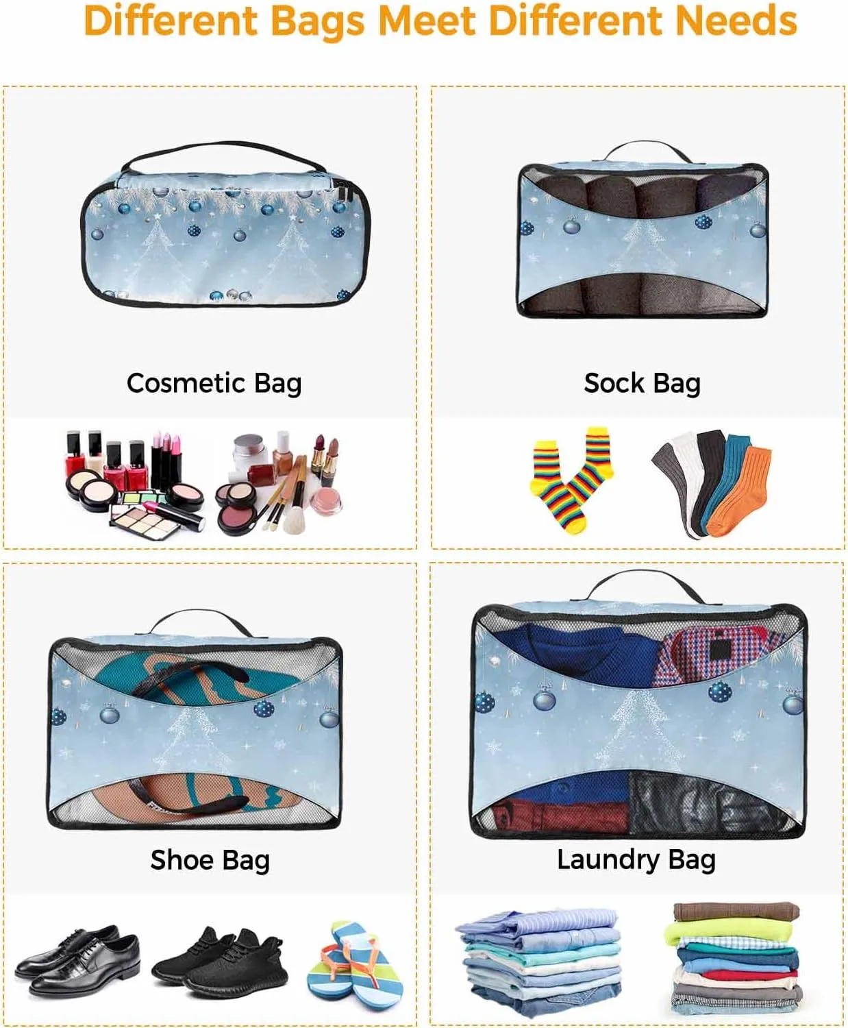 White Christmas Tree Silvery Cedar Leaf 4 Set Packing Cubes, Winter Ornament Snow Sky Blue Packing Cubes for Carry on Suitcase Travel Essential Bag for Clothes Shoes Cosmetics Toiletry