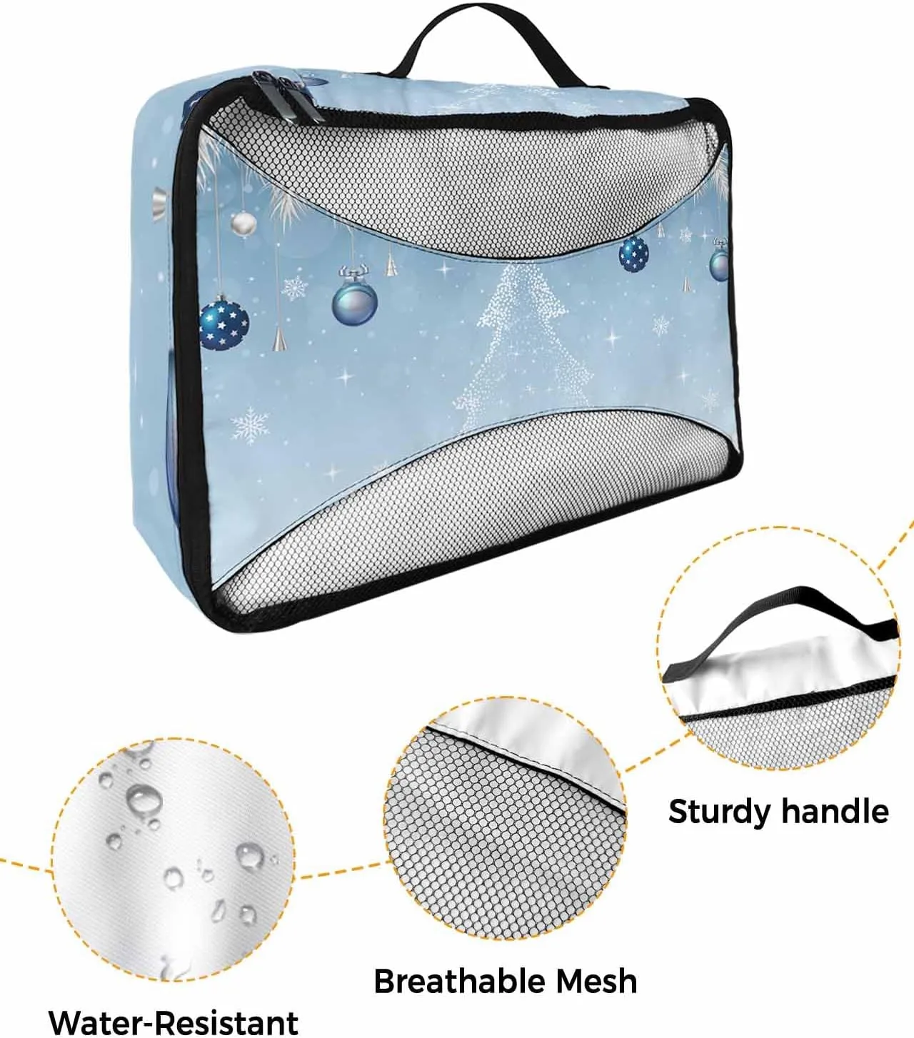 White Christmas Tree Silvery Cedar Leaf 4 Set Packing Cubes, Winter Ornament Snow Sky Blue Packing Cubes for Carry on Suitcase Travel Essential Bag for Clothes Shoes Cosmetics Toiletry