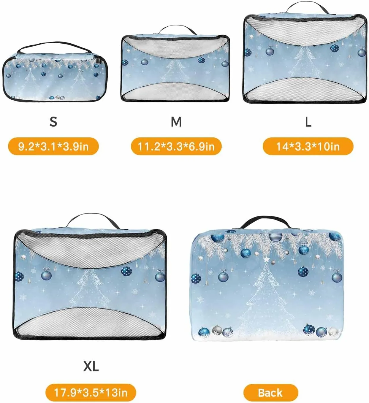 White Christmas Tree Silvery Cedar Leaf 4 Set Packing Cubes, Winter Ornament Snow Sky Blue Packing Cubes for Carry on Suitcase Travel Essential Bag for Clothes Shoes Cosmetics Toiletry