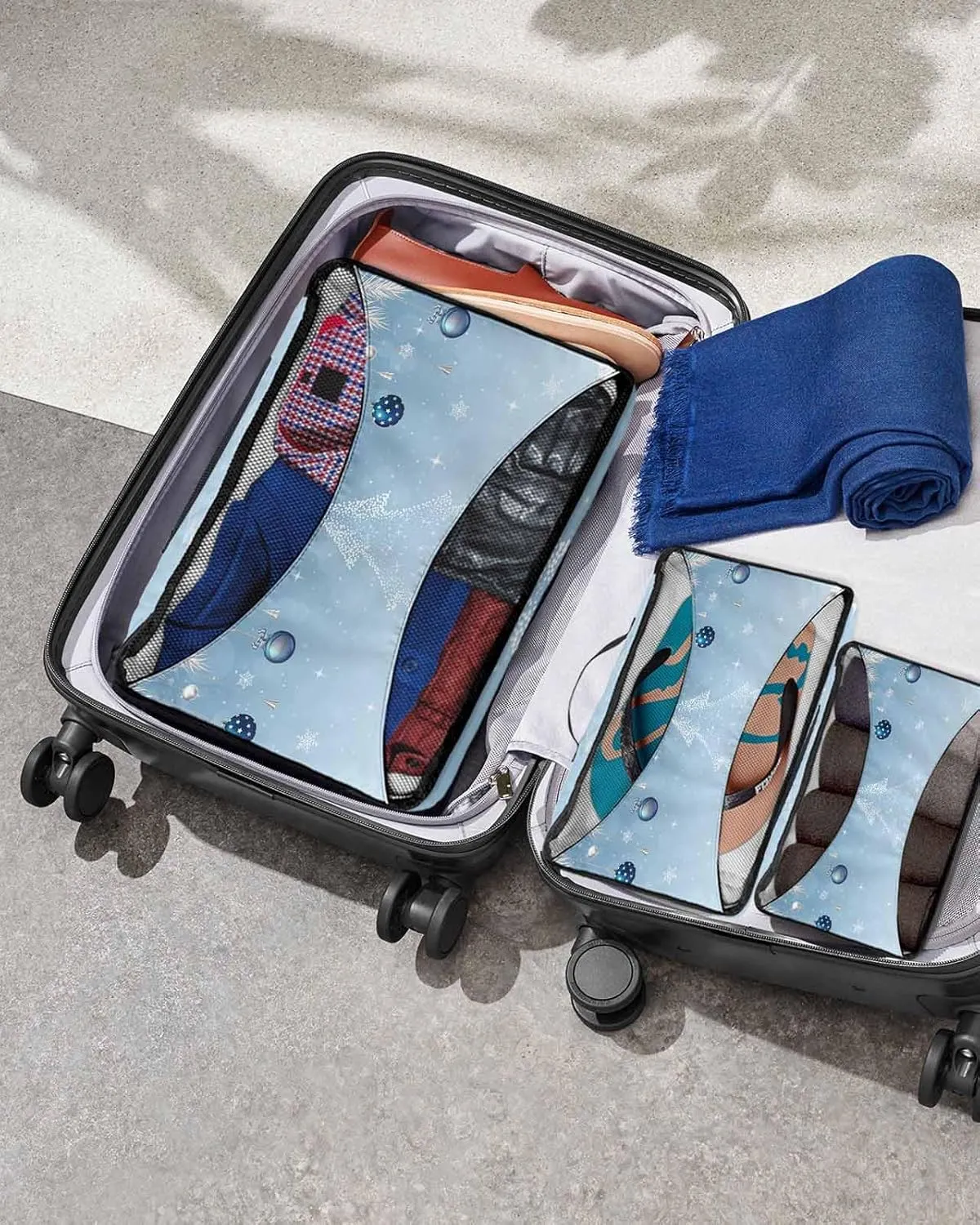 White Christmas Tree Silvery Cedar Leaf 4 Set Packing Cubes, Winter Ornament Snow Sky Blue Packing Cubes for Carry on Suitcase Travel Essential Bag for Clothes Shoes Cosmetics Toiletry