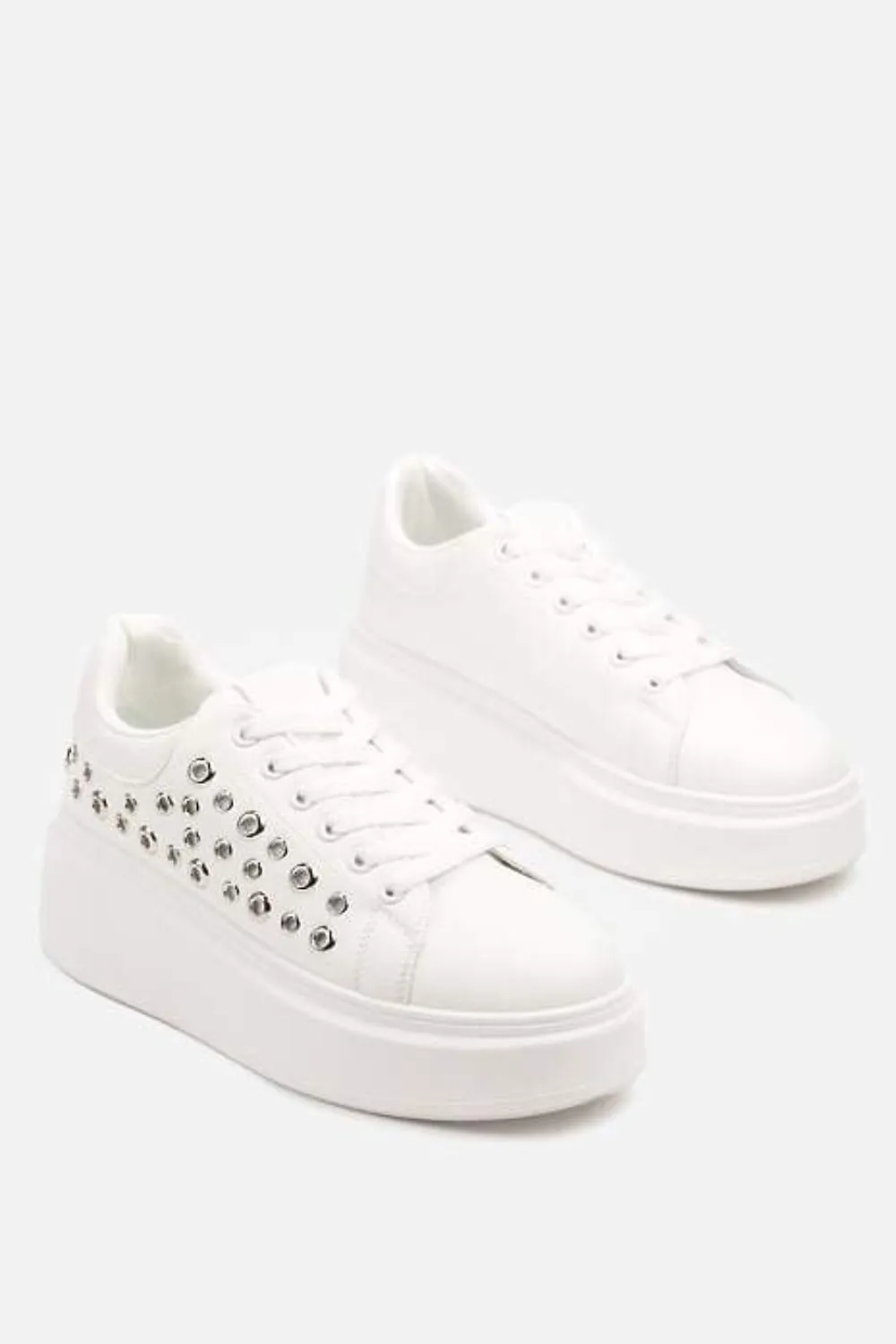 WHITE LACE UP SIDE DETAIL CHUNKY STYLISH FLAT TRAINERS