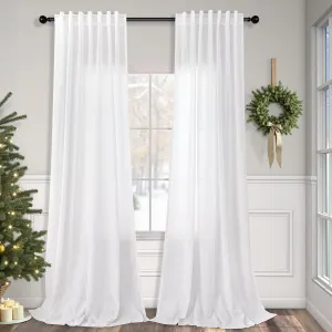 White Linen Curtains 84 Inch Length for Living Room 2 Panel Back Tab Loop Pocket Drape Cotton Textured Light Filtering Semi Sheer Lightweight Curtain for Bedroom Boho Rustic Farmhouse Decor 52x84 Long