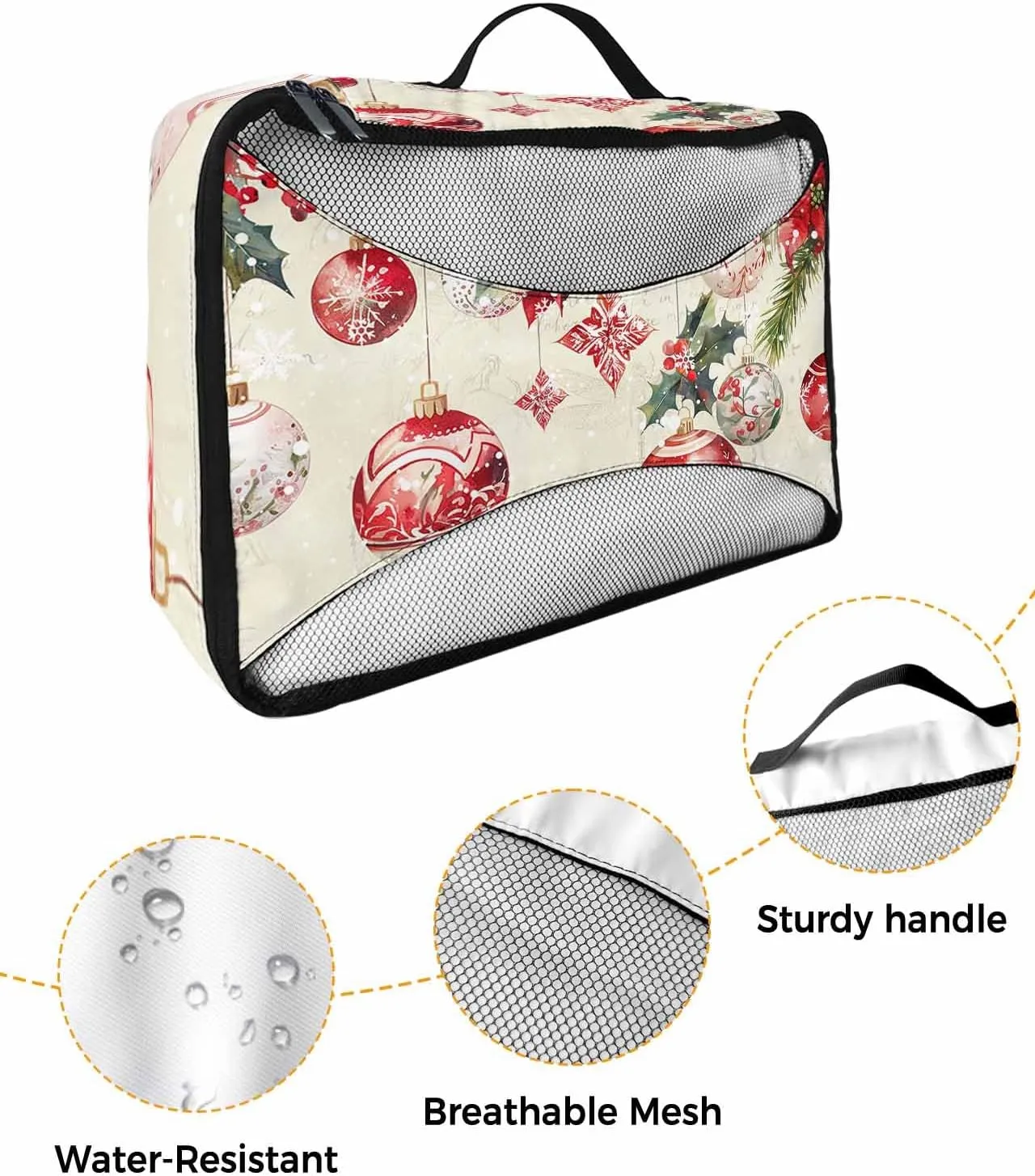 Winter Xmas Ball Poinsettia Flower 4 Set Packing Cubes, Cedar Leaf Berry Snowflake Beige Packing Cubes for Carry on Suitcase Travel Essential Bag for Clothes Shoes Cosmetics Toiletry