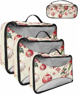 Winter Xmas Ball Poinsettia Flower 4 Set Packing Cubes, Cedar Leaf Berry Snowflake Beige Packing Cubes for Carry on Suitcase Travel Essential Bag for Clothes Shoes Cosmetics Toiletry