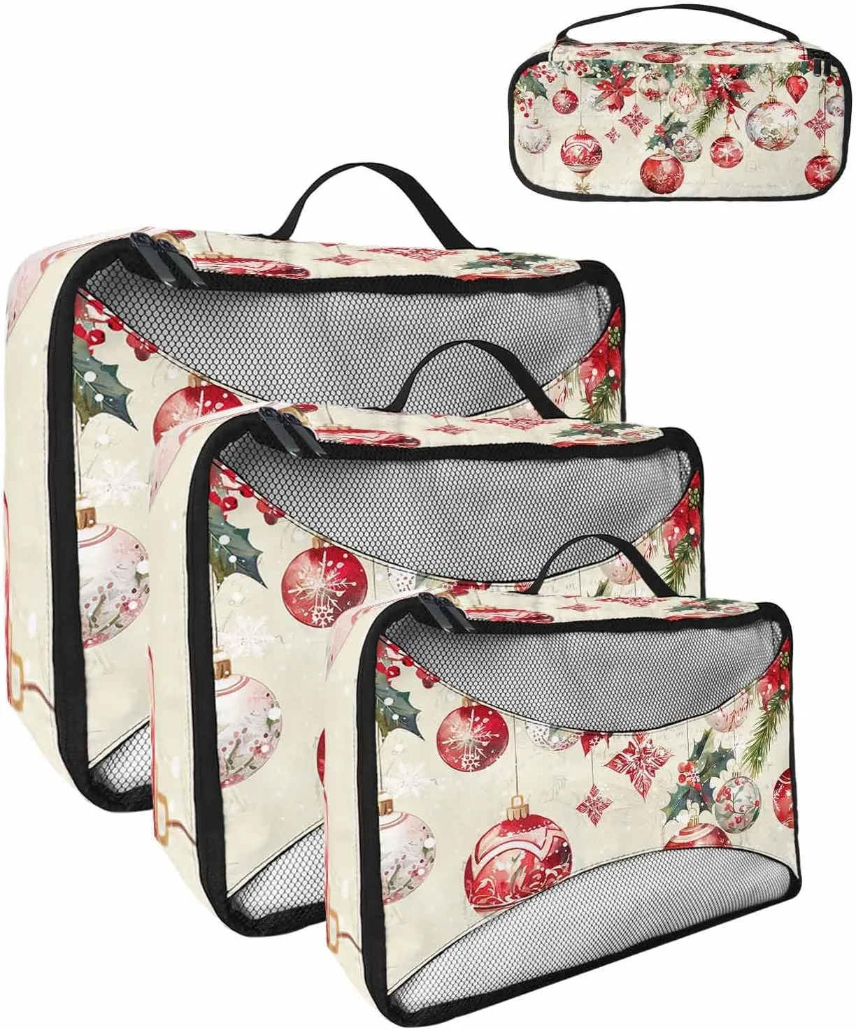 Winter Xmas Ball Poinsettia Flower 4 Set Packing Cubes, Cedar Leaf Berry Snowflake Beige Packing Cubes for Carry on Suitcase Travel Essential Bag for Clothes Shoes Cosmetics Toiletry
