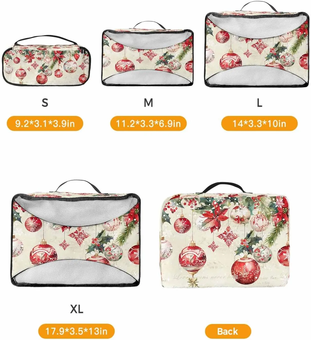Winter Xmas Ball Poinsettia Flower 4 Set Packing Cubes, Cedar Leaf Berry Snowflake Beige Packing Cubes for Carry on Suitcase Travel Essential Bag for Clothes Shoes Cosmetics Toiletry