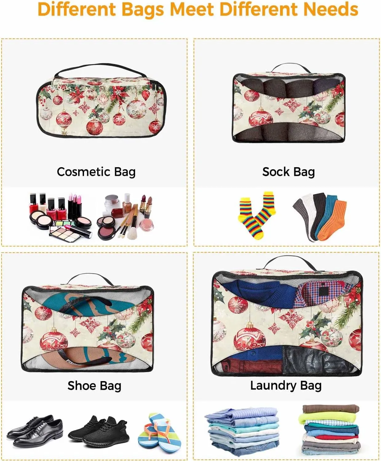 Winter Xmas Ball Poinsettia Flower 4 Set Packing Cubes, Cedar Leaf Berry Snowflake Beige Packing Cubes for Carry on Suitcase Travel Essential Bag for Clothes Shoes Cosmetics Toiletry