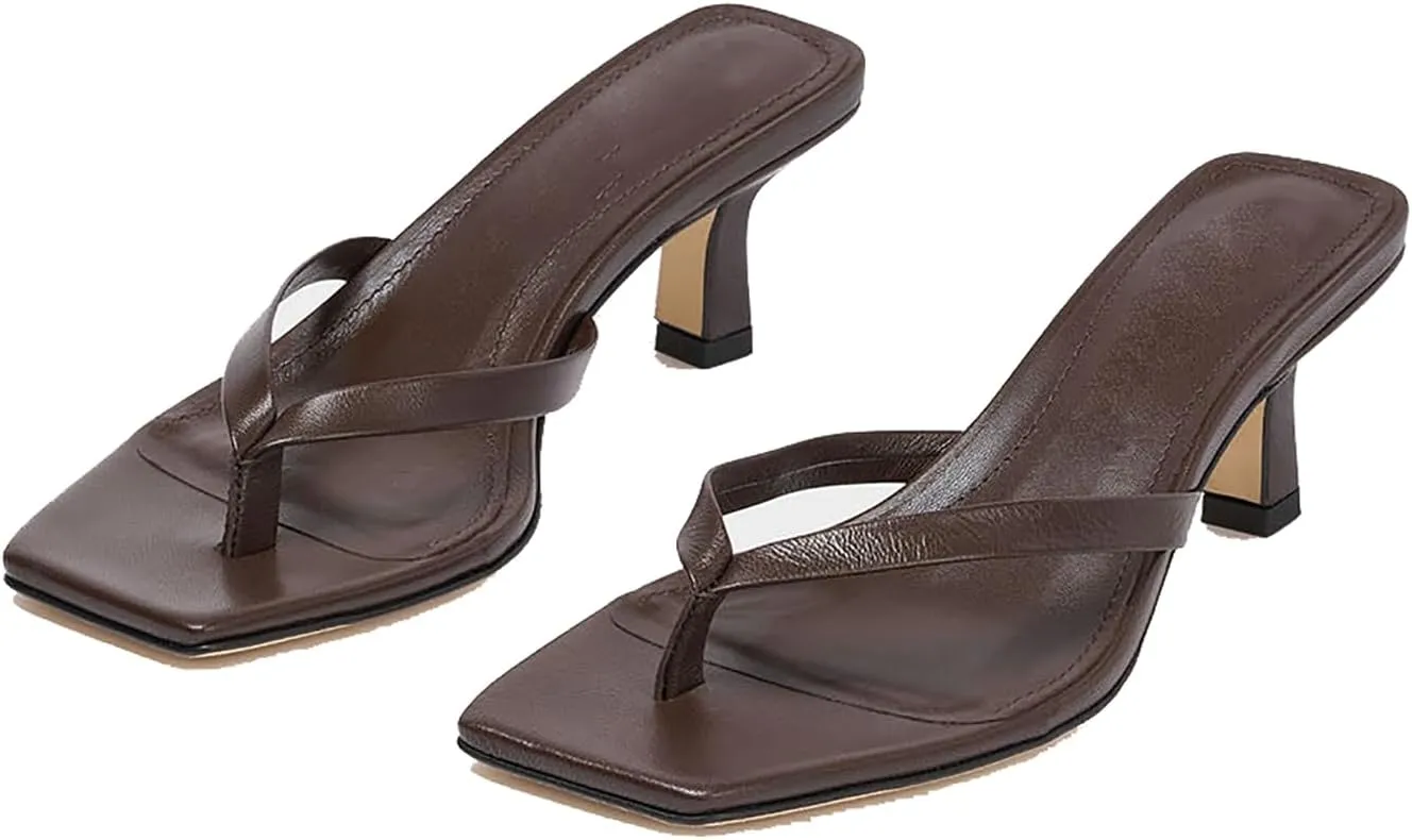 Women Flip-Flops Mules Kitten Heels Square Toe Thong Sandals Matte Comfy 1 inch Low Heel Slippers T-Straps Open Toe Outdoor Beach Summer Slip On Sandal Heels Basic Chic 4-11 M US