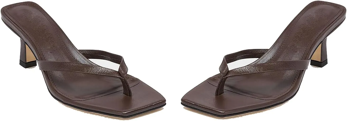Women Flip-Flops Mules Kitten Heels Square Toe Thong Sandals Matte Comfy 1 inch Low Heel Slippers T-Straps Open Toe Outdoor Beach Summer Slip On Sandal Heels Basic Chic 4-11 M US