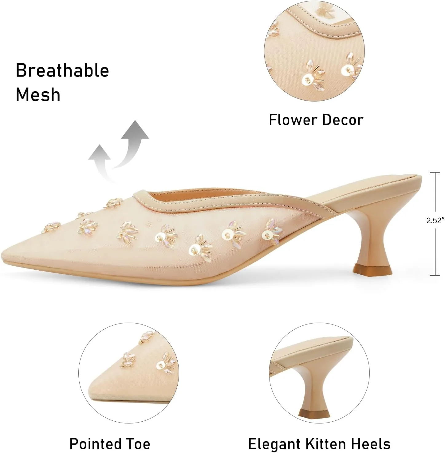 Women Kitten Heel Mules Crystal Flower Decor Mesh Pointed Toe Low Heel Casual Pumps