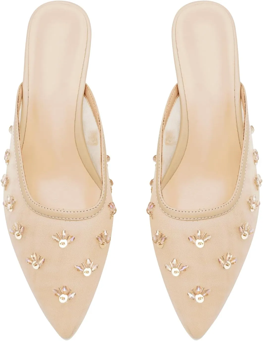 Women Kitten Heel Mules Crystal Flower Decor Mesh Pointed Toe Low Heel Casual Pumps