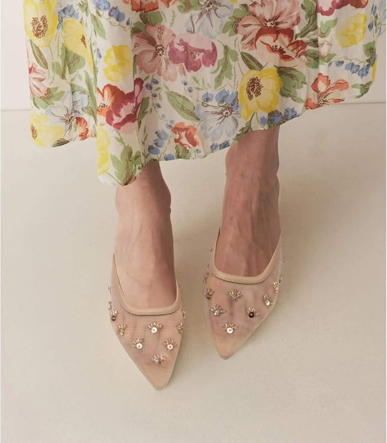Women Kitten Heel Mules Crystal Flower Decor Mesh Pointed Toe Low Heel Casual Pumps