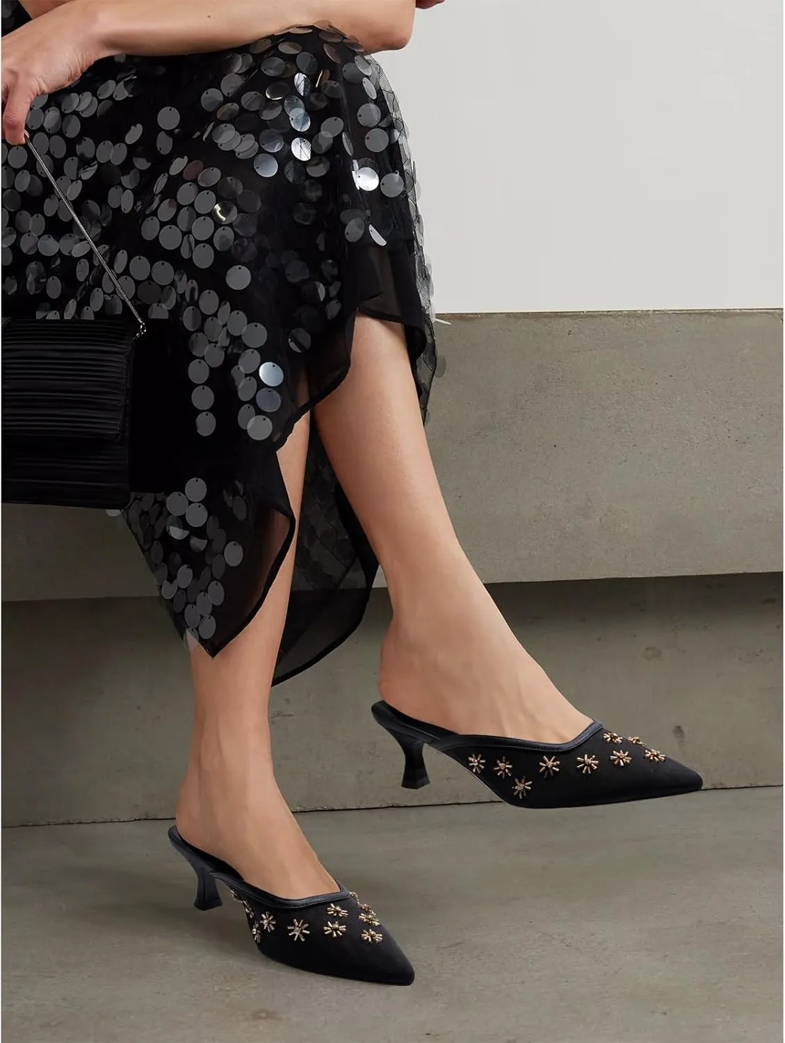 Women Kitten Heel Mules Crystal Flower Decor Mesh Pointed Toe Low Heel Casual Pumps