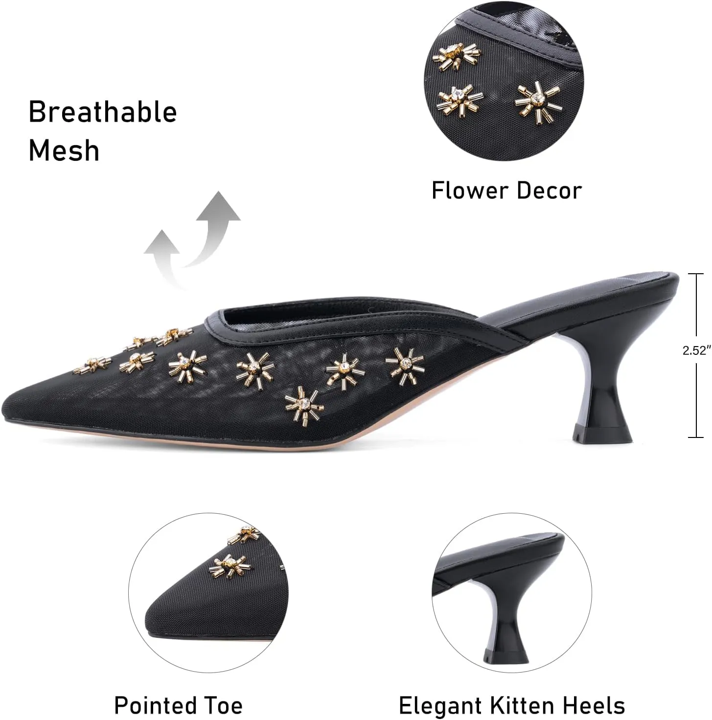 Women Kitten Heel Mules Crystal Flower Decor Mesh Pointed Toe Low Heel Casual Pumps