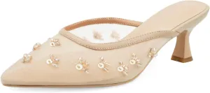 Women Kitten Heel Mules Crystal Flower Decor Mesh Pointed Toe Low Heel Casual Pumps