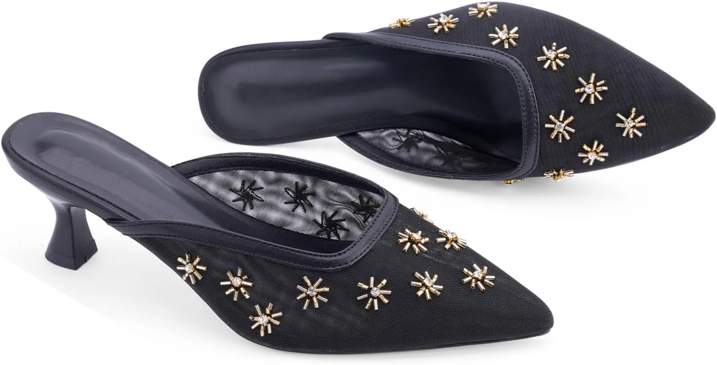 Women Kitten Heel Mules Crystal Flower Decor Mesh Pointed Toe Low Heel Casual Pumps