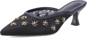 Women Kitten Heel Mules Crystal Flower Decor Mesh Pointed Toe Low Heel Casual Pumps
