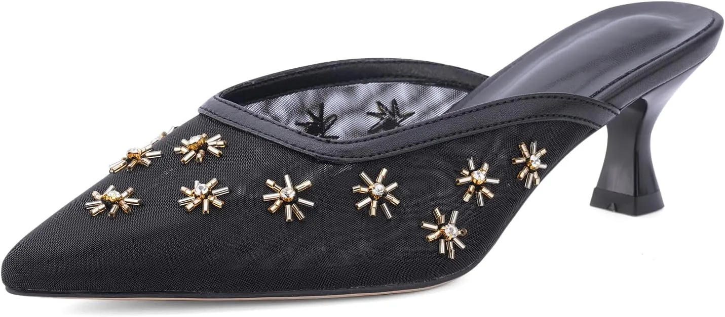 Women Kitten Heel Mules Crystal Flower Decor Mesh Pointed Toe Low Heel Casual Pumps