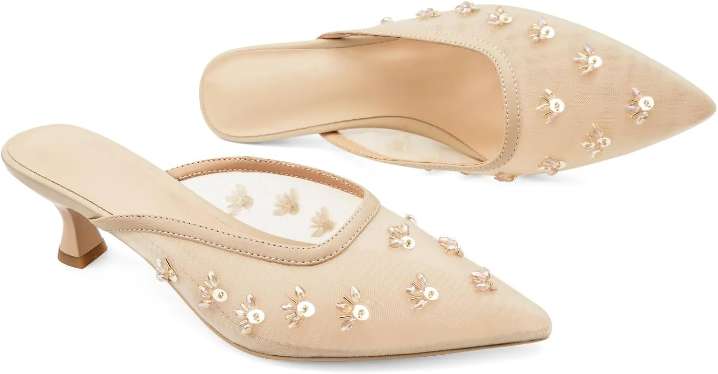 Women Kitten Heel Mules Crystal Flower Decor Mesh Pointed Toe Low Heel Casual Pumps