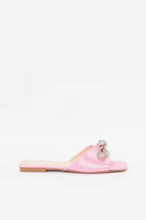 Women Pink Bow Trim Embellished Mule