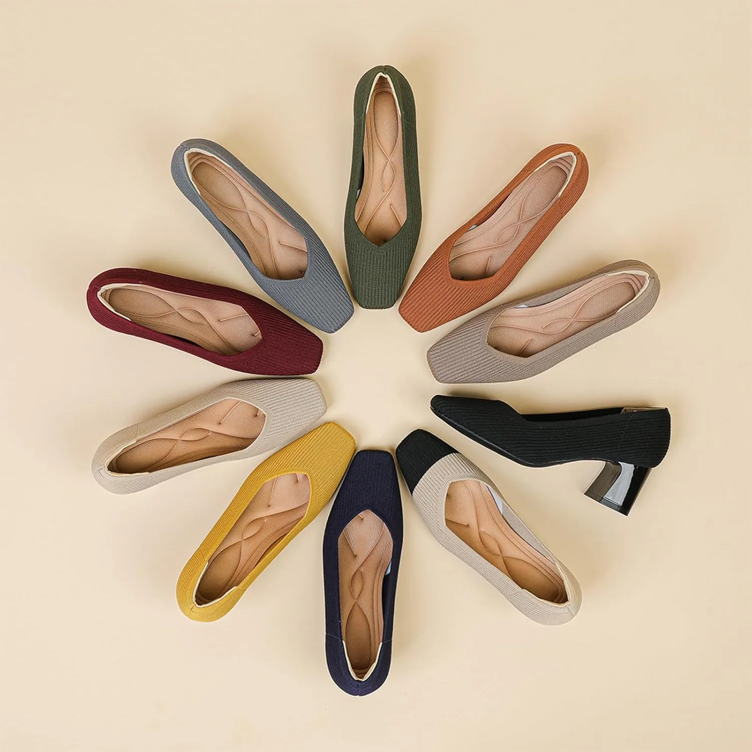 Women Pumps Block Heels Square Toe Knitted Comfortable Heel for Women Slip On Work Shoes for Woman Dress Classic Shoes Walk Office