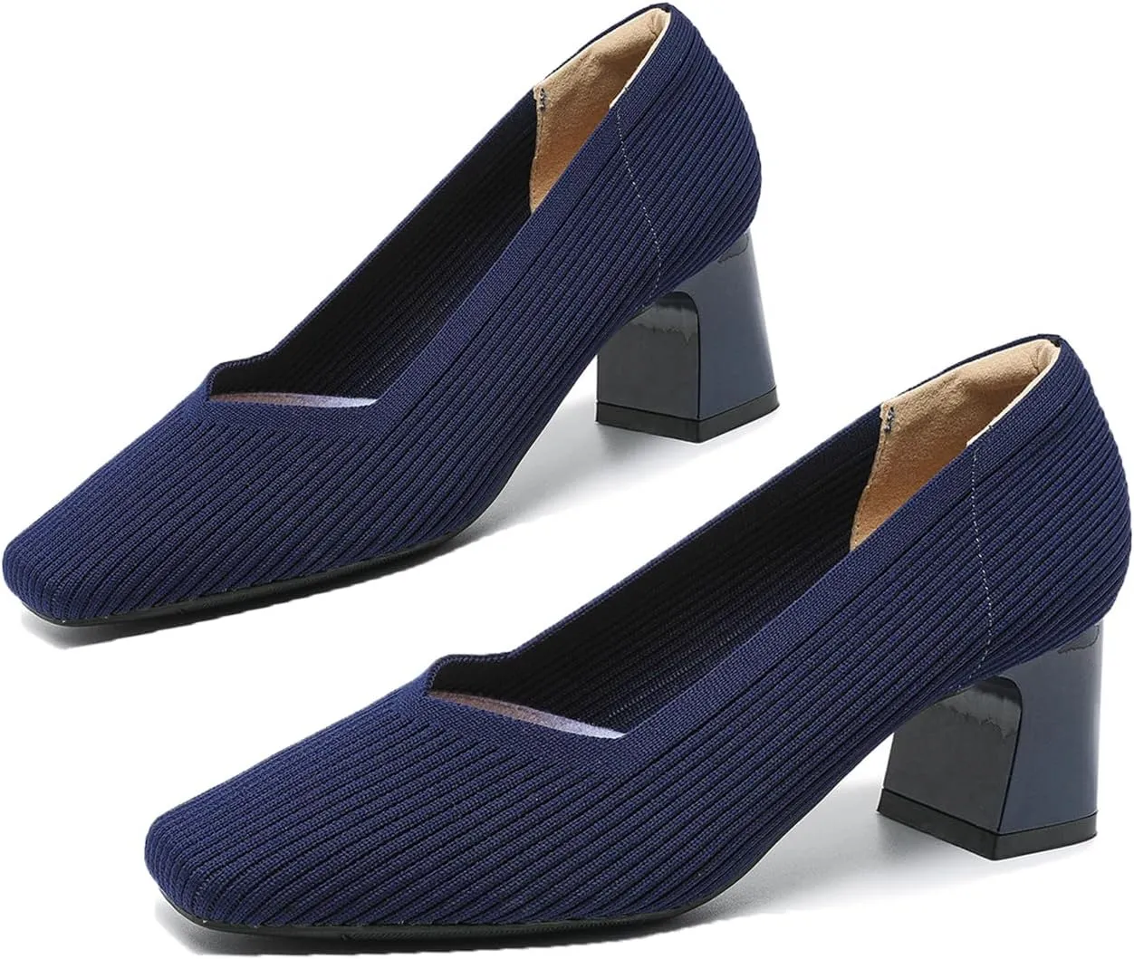 Women Pumps Block Heels Square Toe Knitted Comfortable Heel for Women Slip On Work Shoes for Woman Dress Classic Shoes Walk Office
