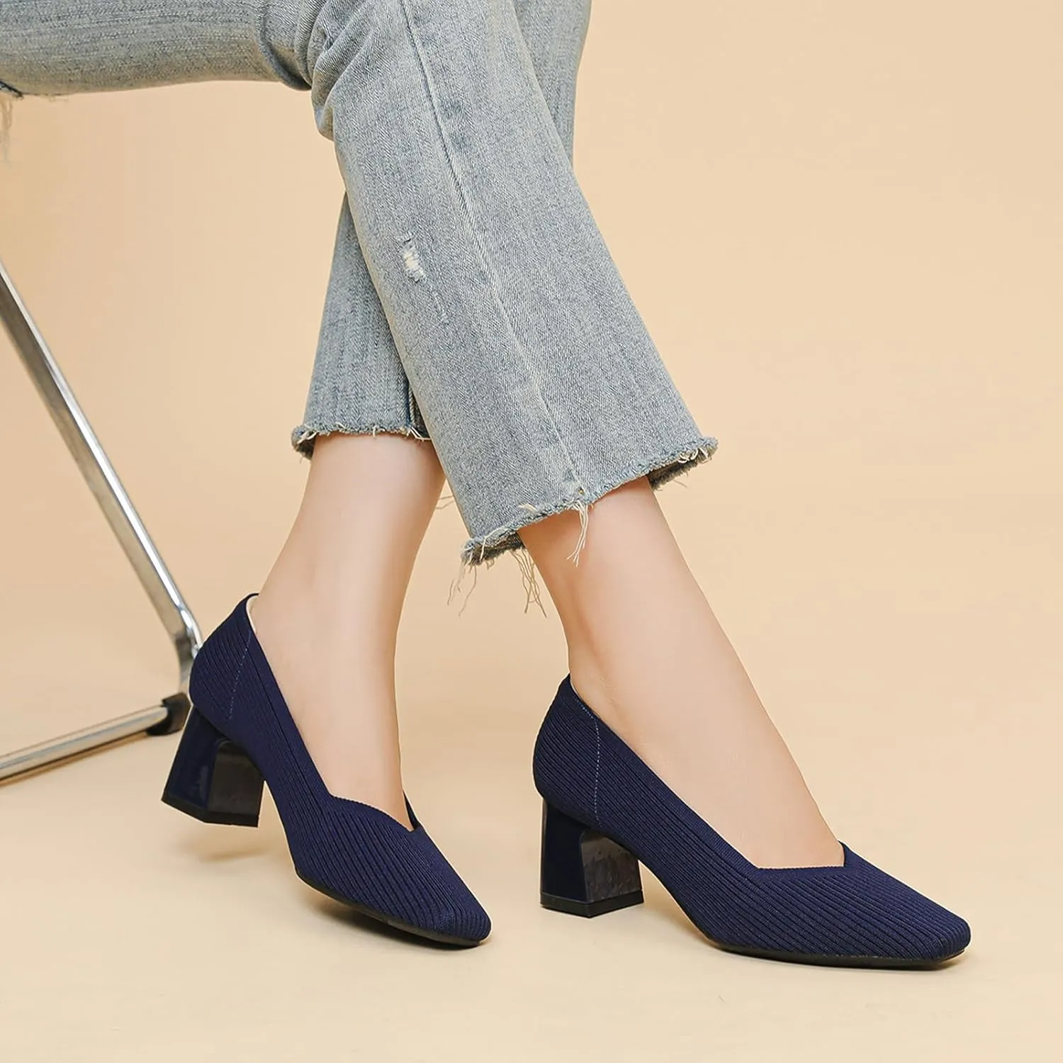 Women Pumps Block Heels Square Toe Knitted Comfortable Heel for Women Slip On Work Shoes for Woman Dress Classic Shoes Walk Office