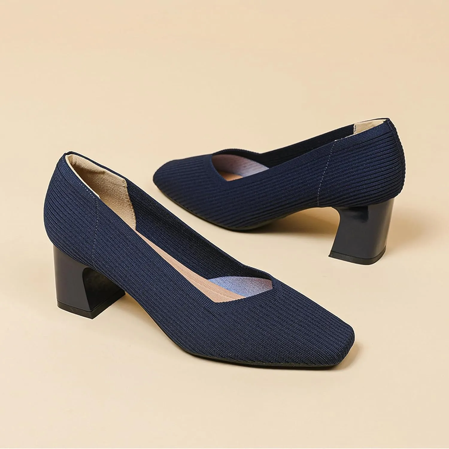 Women Pumps Block Heels Square Toe Knitted Comfortable Heel for Women Slip On Work Shoes for Woman Dress Classic Shoes Walk Office