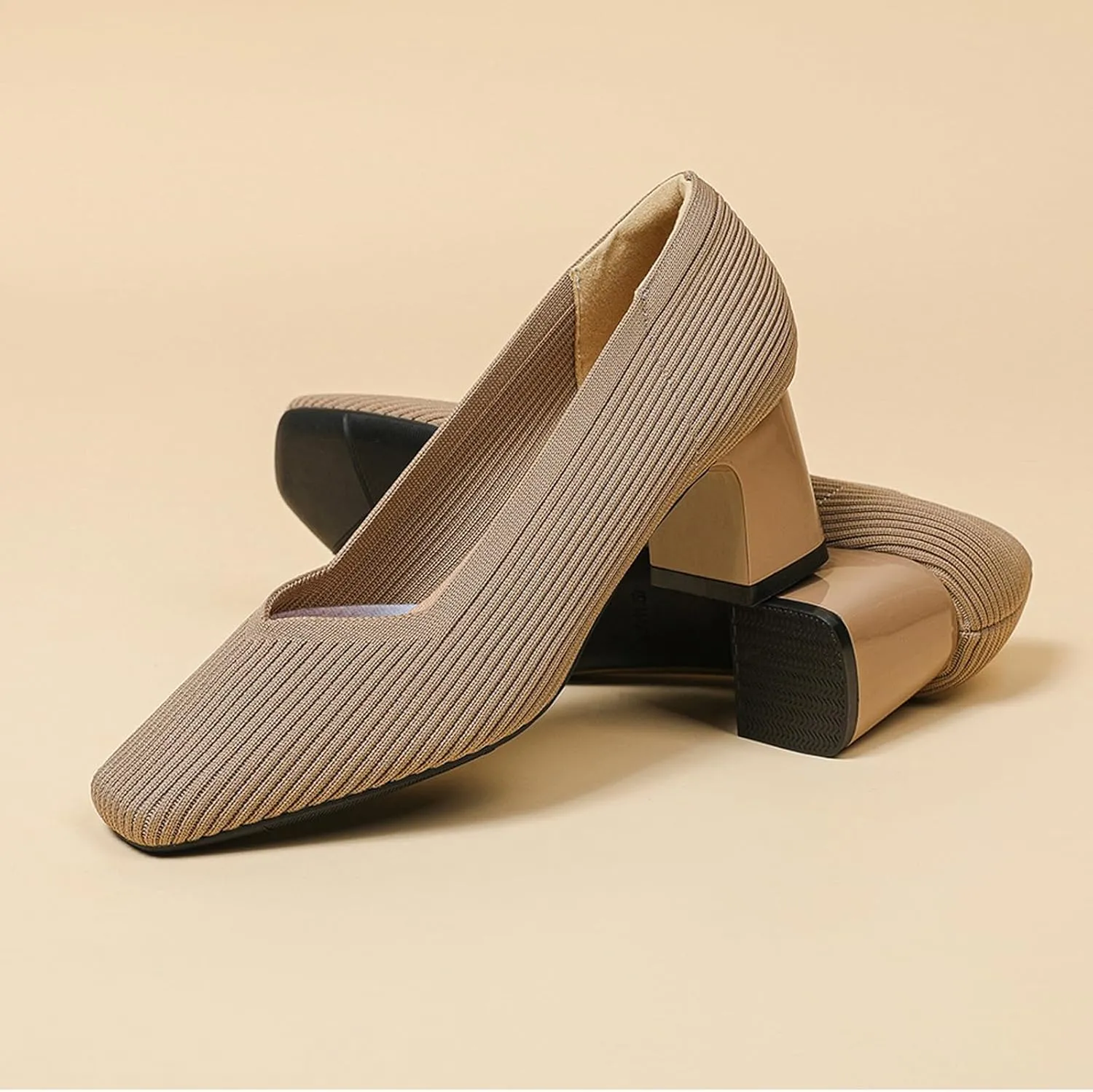 Women Pumps Block Heels Square Toe Knitted Comfortable Heel for Women Slip On Work Shoes for Woman Dress Classic Shoes Walk Office