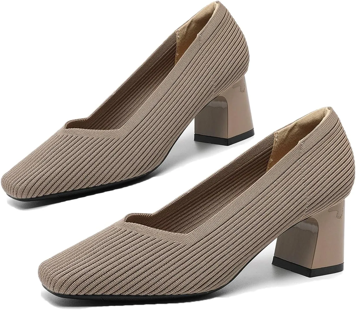 Women Pumps Block Heels Square Toe Knitted Comfortable Heel for Women Slip On Work Shoes for Woman Dress Classic Shoes Walk Office