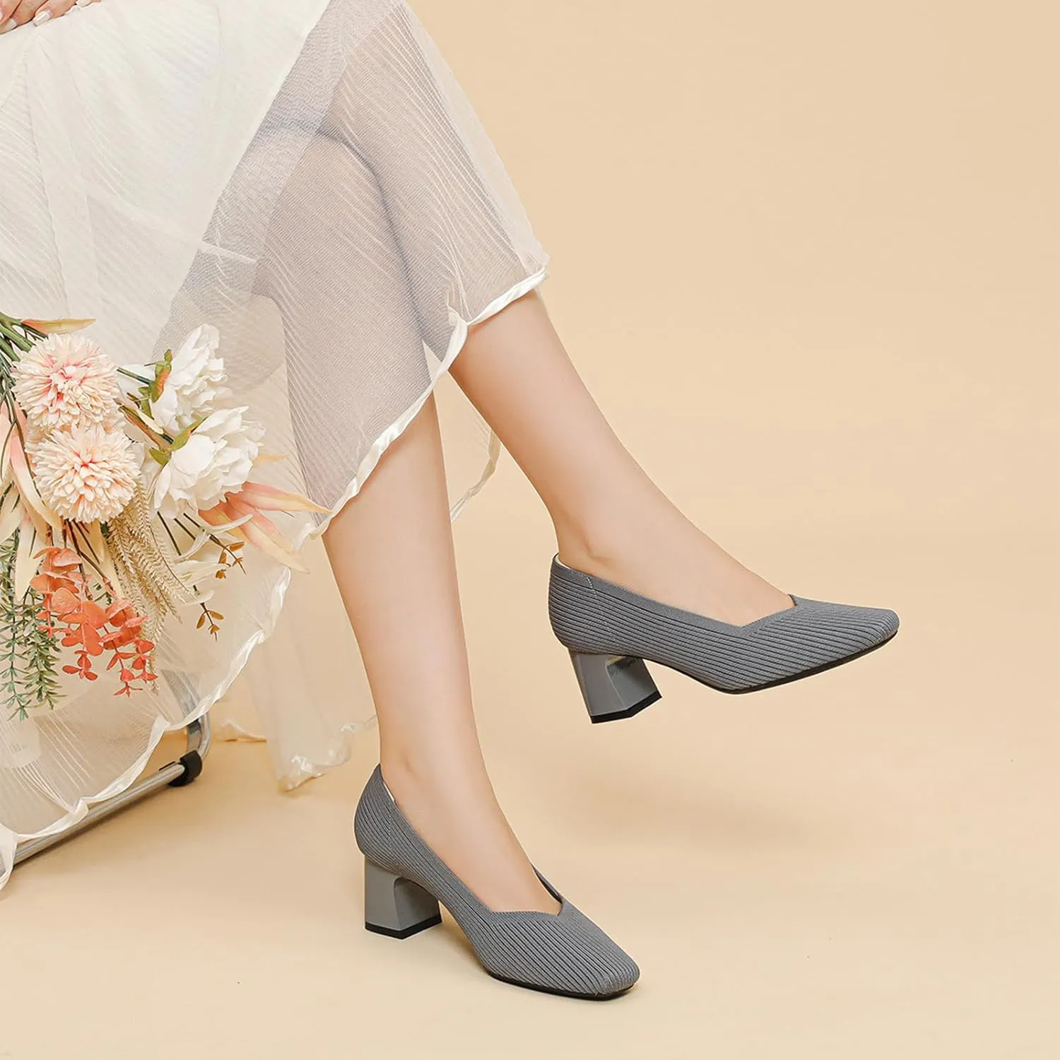 Women Pumps Block Heels Square Toe Knitted Comfortable Heel for Women Slip On Work Shoes for Woman Dress Classic Shoes Walk Office