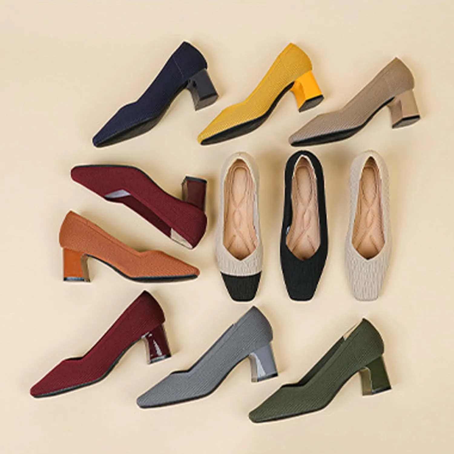 Women Pumps Block Heels Square Toe Knitted Comfortable Heel for Women Slip On Work Shoes for Woman Dress Classic Shoes Walk Office