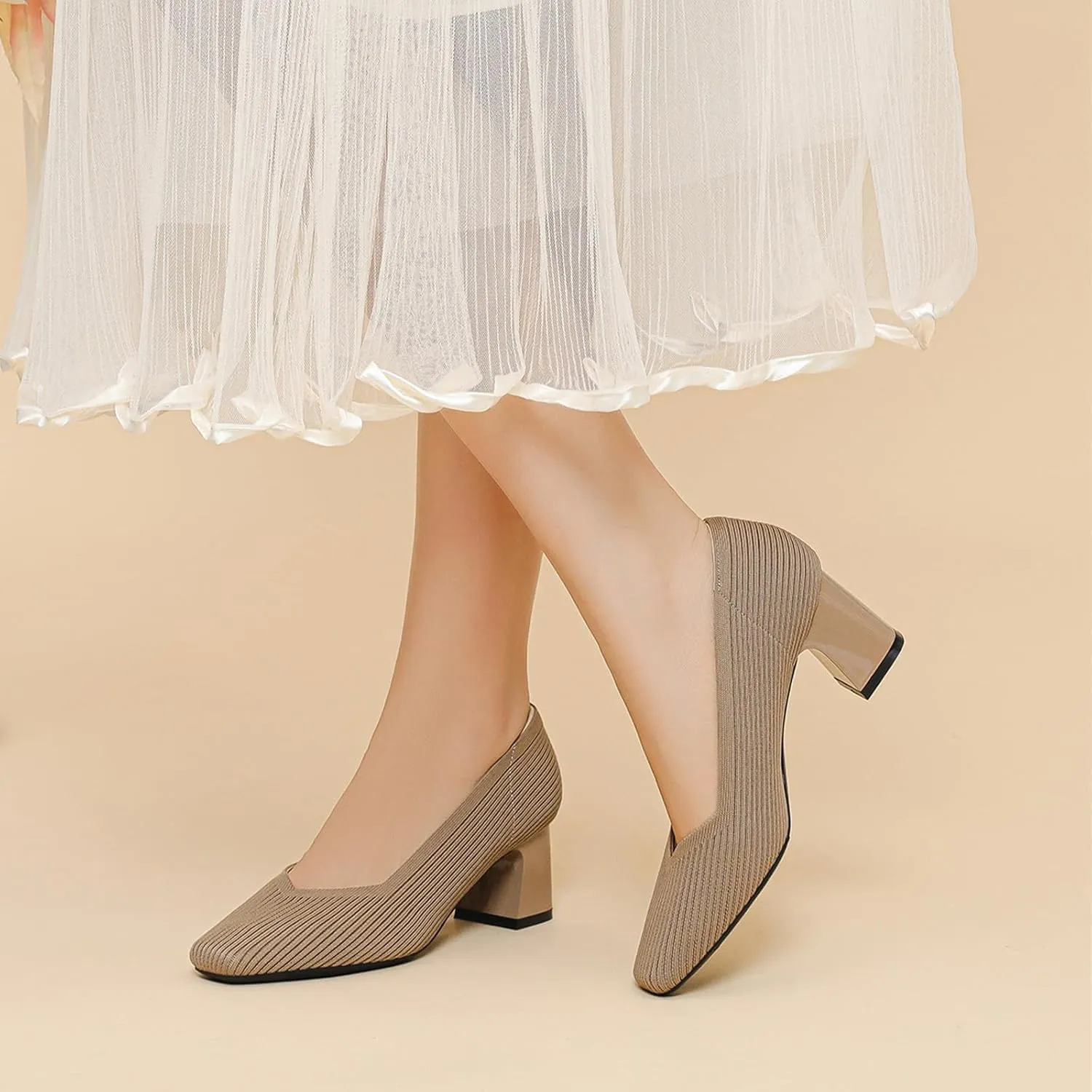 Women Pumps Block Heels Square Toe Knitted Comfortable Heel for Women Slip On Work Shoes for Woman Dress Classic Shoes Walk Office