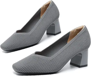 Women Pumps Block Heels Square Toe Knitted Comfortable Heel for Women Slip On Work Shoes for Woman Dress Classic Shoes Walk Office