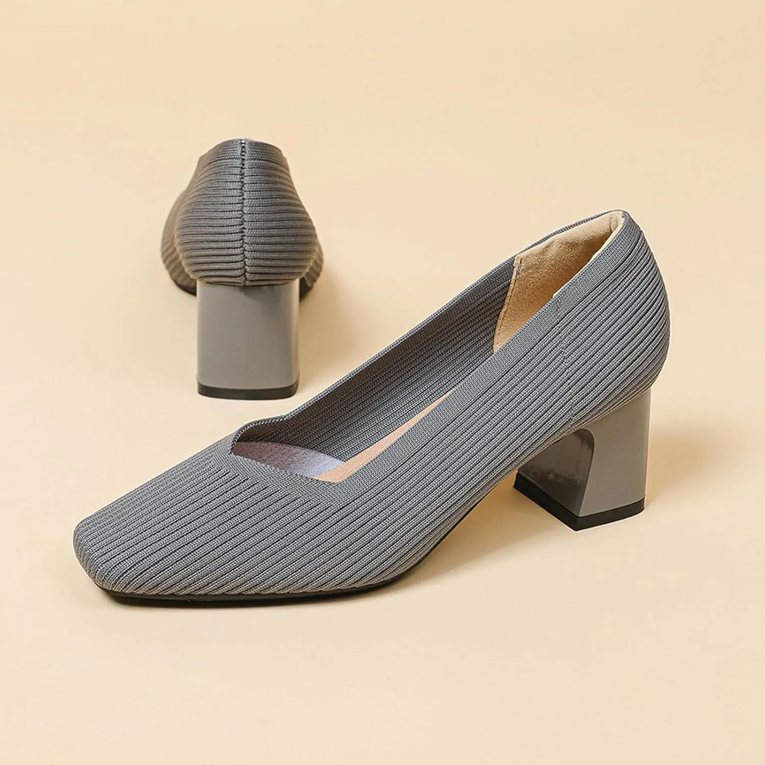 Women Pumps Block Heels Square Toe Knitted Comfortable Heel for Women Slip On Work Shoes for Woman Dress Classic Shoes Walk Office