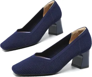 Women Pumps Block Heels Square Toe Knitted Comfortable Heel for Women Slip On Work Shoes for Woman Dress Classic Shoes Walk Office