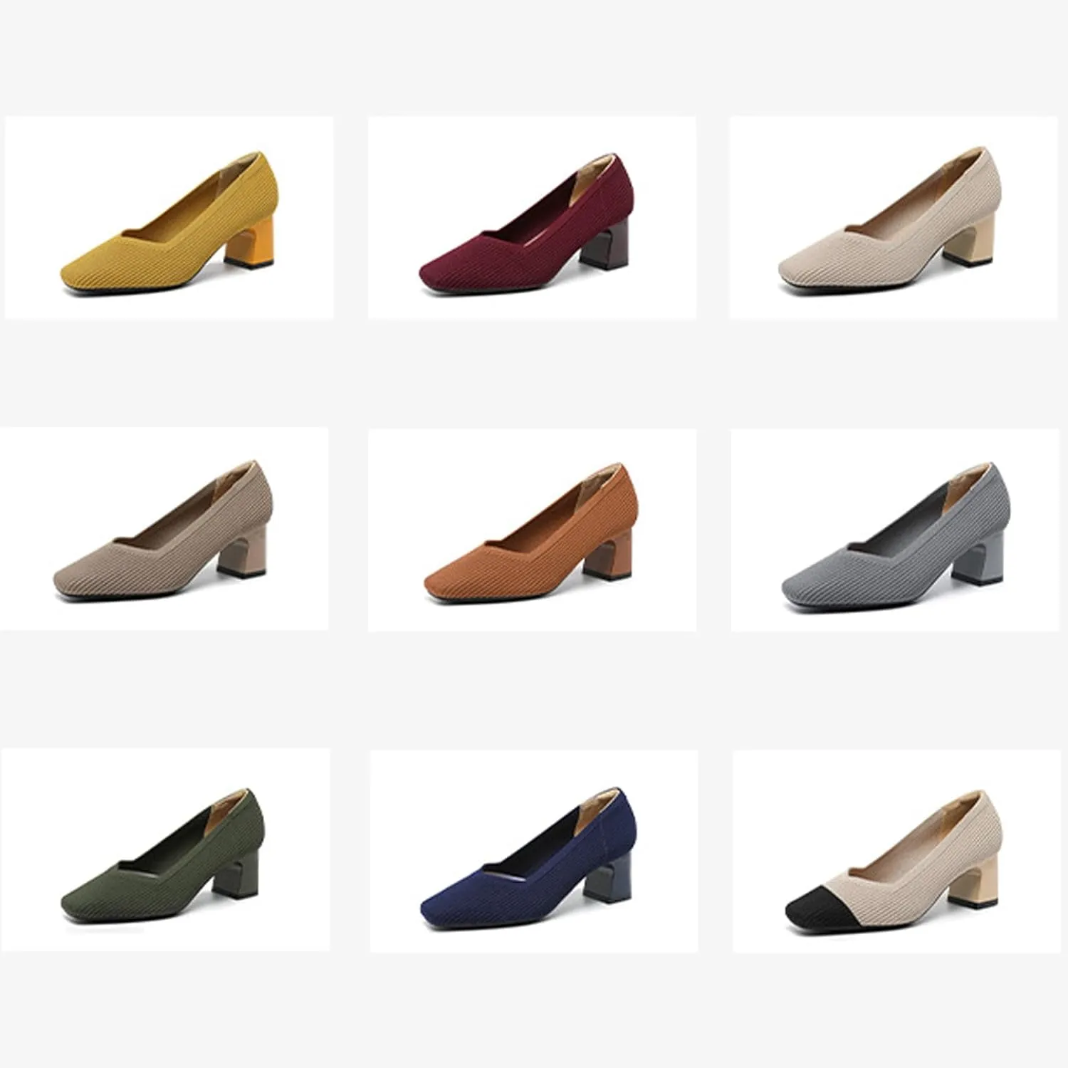 Women Pumps Block Heels Square Toe Knitted Comfortable Heel for Women Slip On Work Shoes for Woman Dress Classic Shoes Walk Office