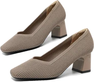 Women Pumps Block Heels Square Toe Knitted Comfortable Heel for Women Slip On Work Shoes for Woman Dress Classic Shoes Walk Office
