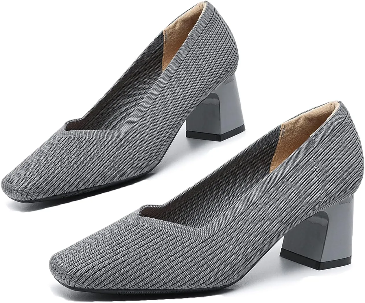 Women Pumps Block Heels Square Toe Knitted Comfortable Heel for Women Slip On Work Shoes for Woman Dress Classic Shoes Walk Office