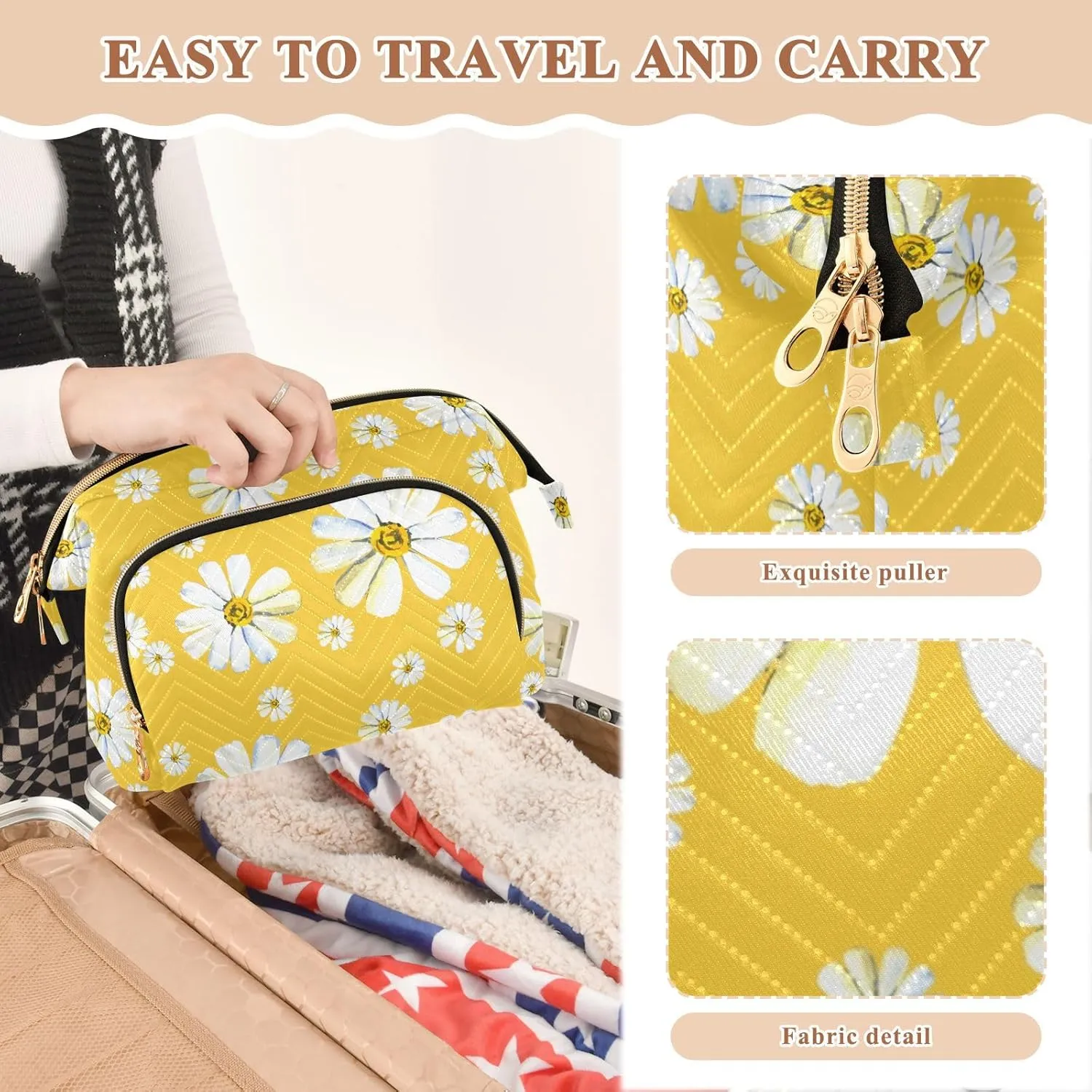 Women Wave Quilt Cosmetic Bag, Storage Pouch Handbag Makeup Case Zipper Toiletry Purse Holder Organizer 10.2x5.9x6.7 in Big and Small White Chamomile Flowers Seamless on Yellow