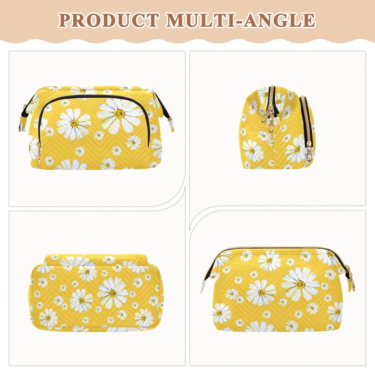 Women Wave Quilt Cosmetic Bag, Storage Pouch Handbag Makeup Case Zipper Toiletry Purse Holder Organizer 10.2x5.9x6.7 in Big and Small White Chamomile Flowers Seamless on Yellow