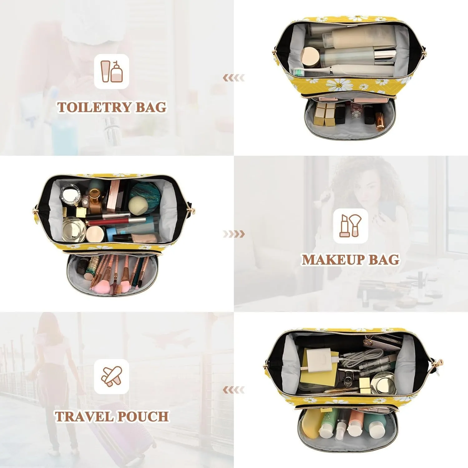 Women Wave Quilt Cosmetic Bag, Storage Pouch Handbag Makeup Case Zipper Toiletry Purse Holder Organizer 10.2x5.9x6.7 in Big and Small White Chamomile Flowers Seamless on Yellow