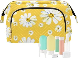 Women Wave Quilt Cosmetic Bag, Storage Pouch Handbag Makeup Case Zipper Toiletry Purse Holder Organizer 10.2x5.9x6.7 in Big and Small White Chamomile Flowers Seamless on Yellow
