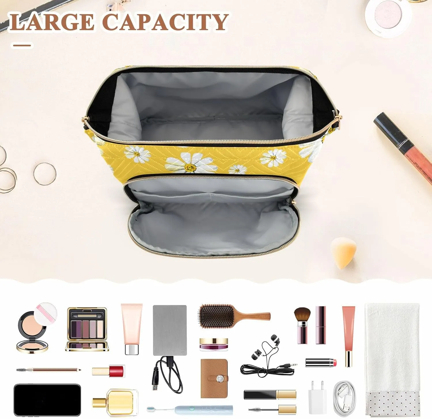 Women Wave Quilt Cosmetic Bag, Storage Pouch Handbag Makeup Case Zipper Toiletry Purse Holder Organizer 10.2x5.9x6.7 in Big and Small White Chamomile Flowers Seamless on Yellow